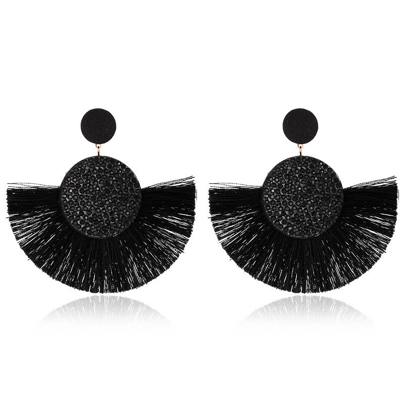 Wholesale Colored Diamond Scalloped Tassel Bohemian Exaggerated Earrings